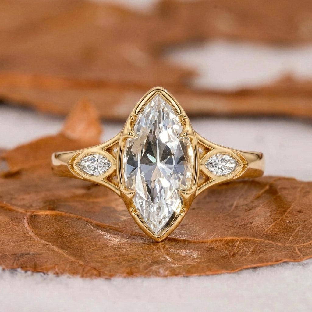 Cubic Zirconia Marquise Ring - 14x7mm Yellow Gold Plated 925 Silver