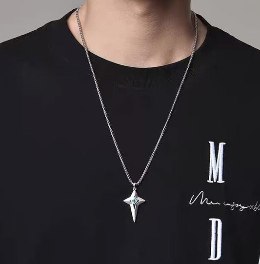 0.8ct Princess - Cut Lab - Grown Blue Sapphire Star Pendant Necklace - 925 Sterling Silver - BOCOS JEWELRY - bocosjewelry