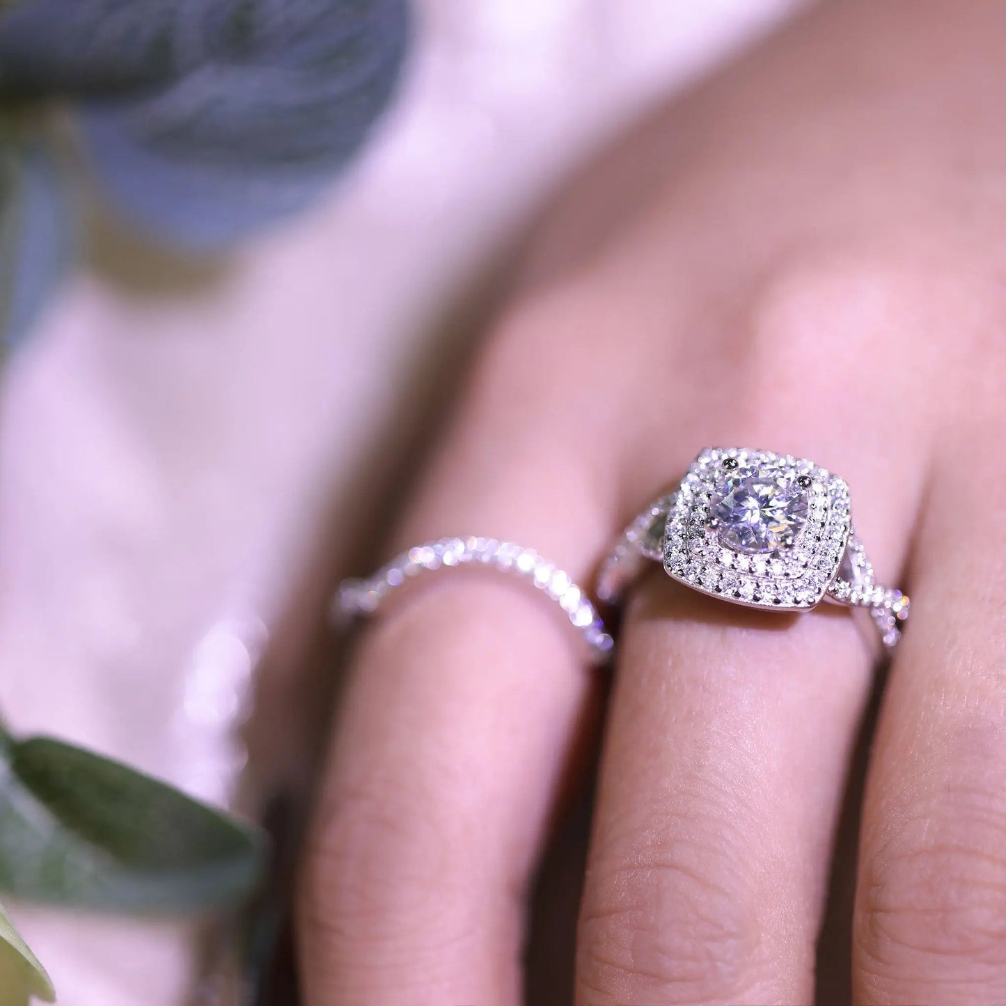 1ct Round Cut Moissanite Halo Engagement Ring Set – 925 Sterling Silver with V - Shaped Band for Women - bocosjewelry