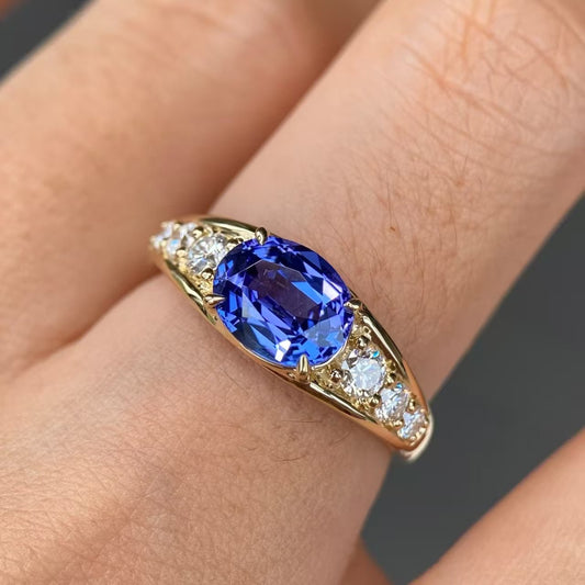 2.2ct Oval - Cut Lab - Grown Cornflower Sapphire Ring - 18k Yellow Gold - BOCOS JEWELRY - bocosjewelry