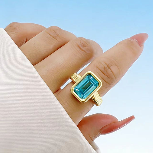 2.5ct Emerald - Cut Lab - Grown Blue Sapphire Ring - 18k Yellow Gold - BOCOS JEWELRY - bocosjewelry