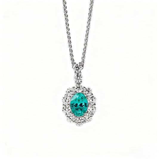 2.2ct Oval Cut Lab-Grown Paraiba Tourmaline Halo Pendant Necklace | 925 Sterling Silver 18K Gold Plated Statement Necklace