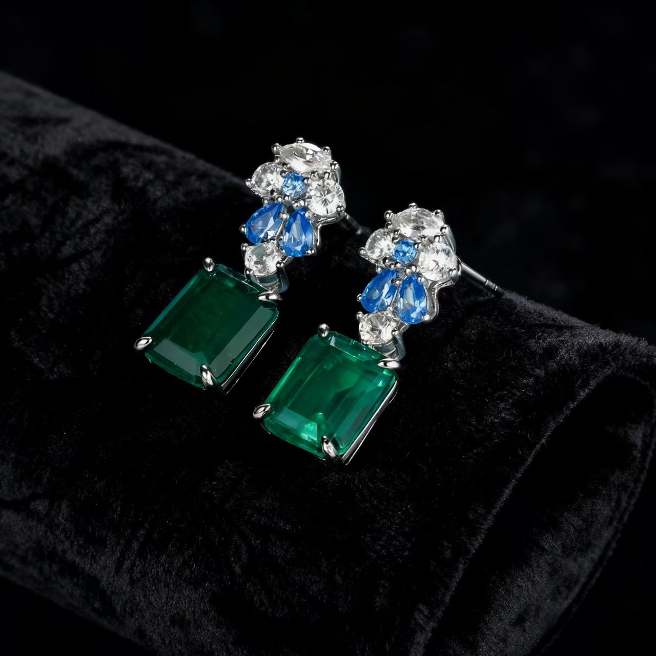 Emerald-Cut Lab-Grown Emerald Drop Earrings | Accented with Teardrop Lab-Grown Sapphire & Moissanite | BOCOS JEWELRY