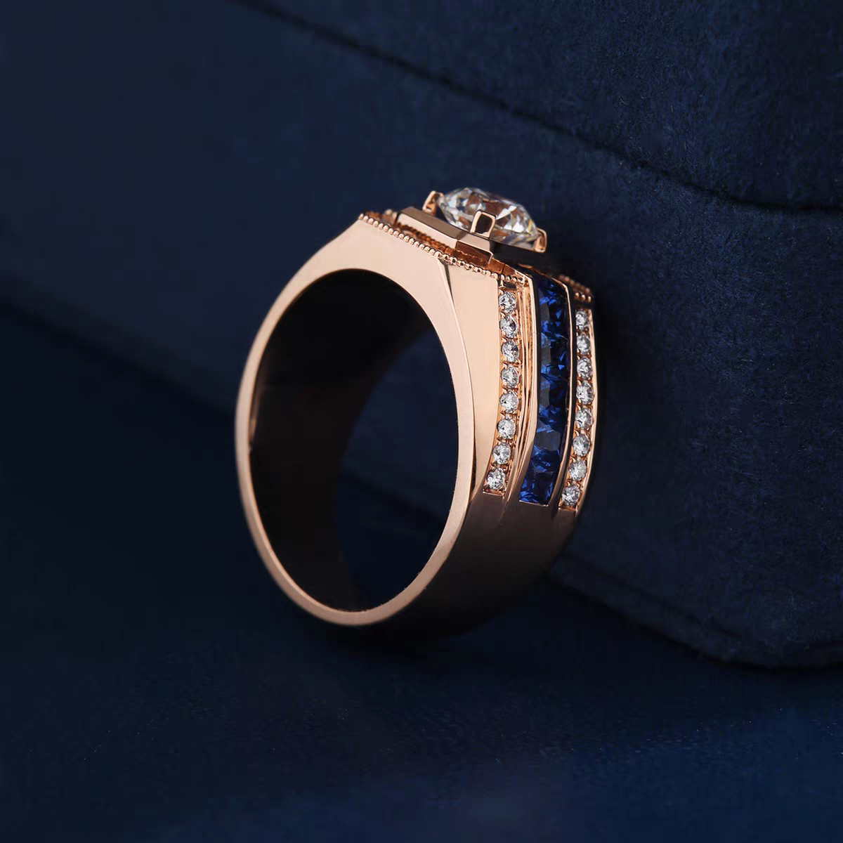 Men Engagement Ring - Moissanite & Sapphire Gold Mens Ring