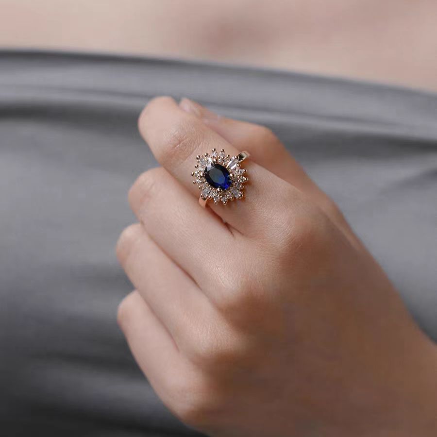 Oval Lab-Grown Blue Sapphire Ring with Moissanite Halo | 18K Gold Plated 925 Sterling Silver Vintage Firework Ring for Women - BOCOS Jewelry