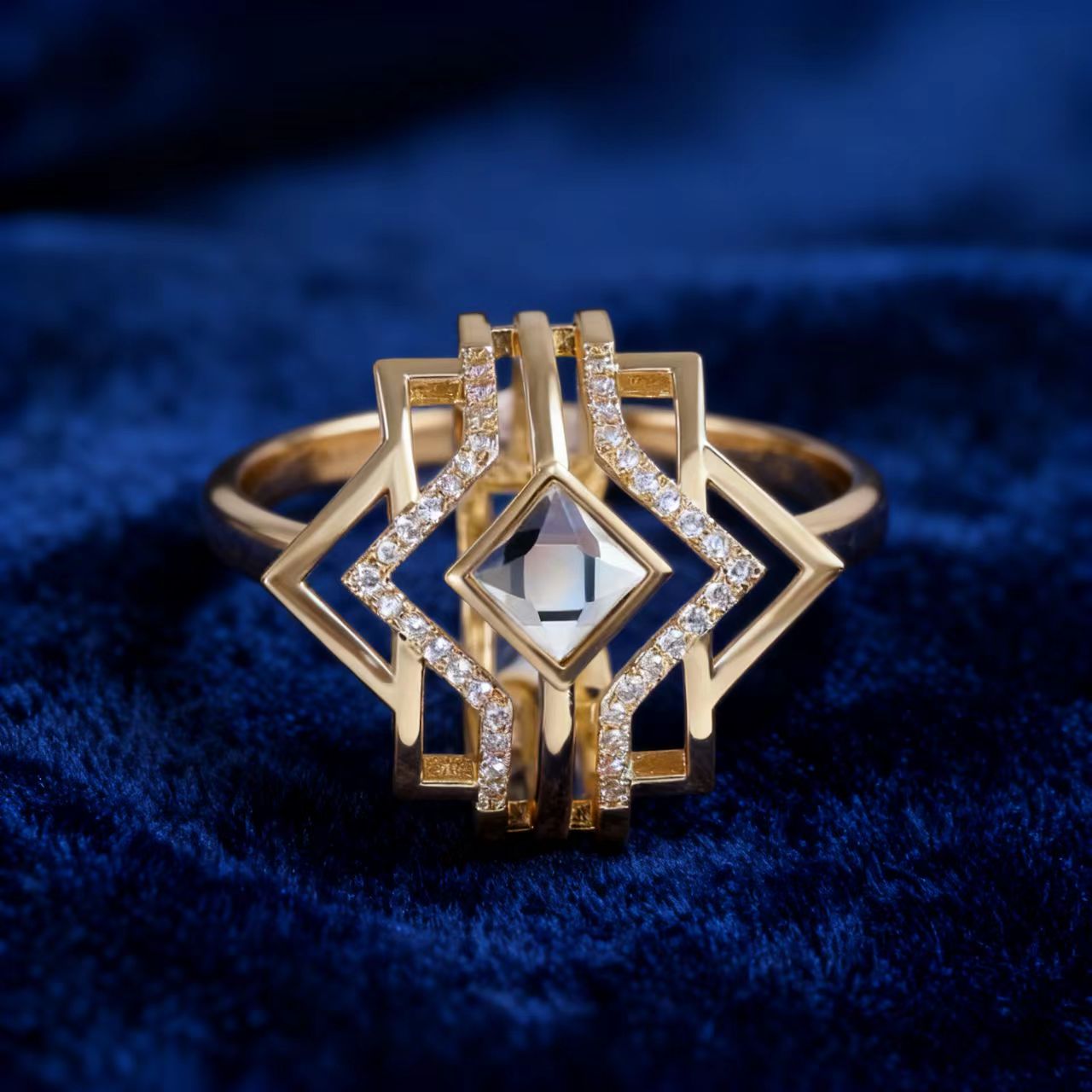 1ct Princess Cut Moissanite Ring | 18K Gold Plated 925 Sterling Silver Art Deco Geometric Ring - BOCOS Jewelry