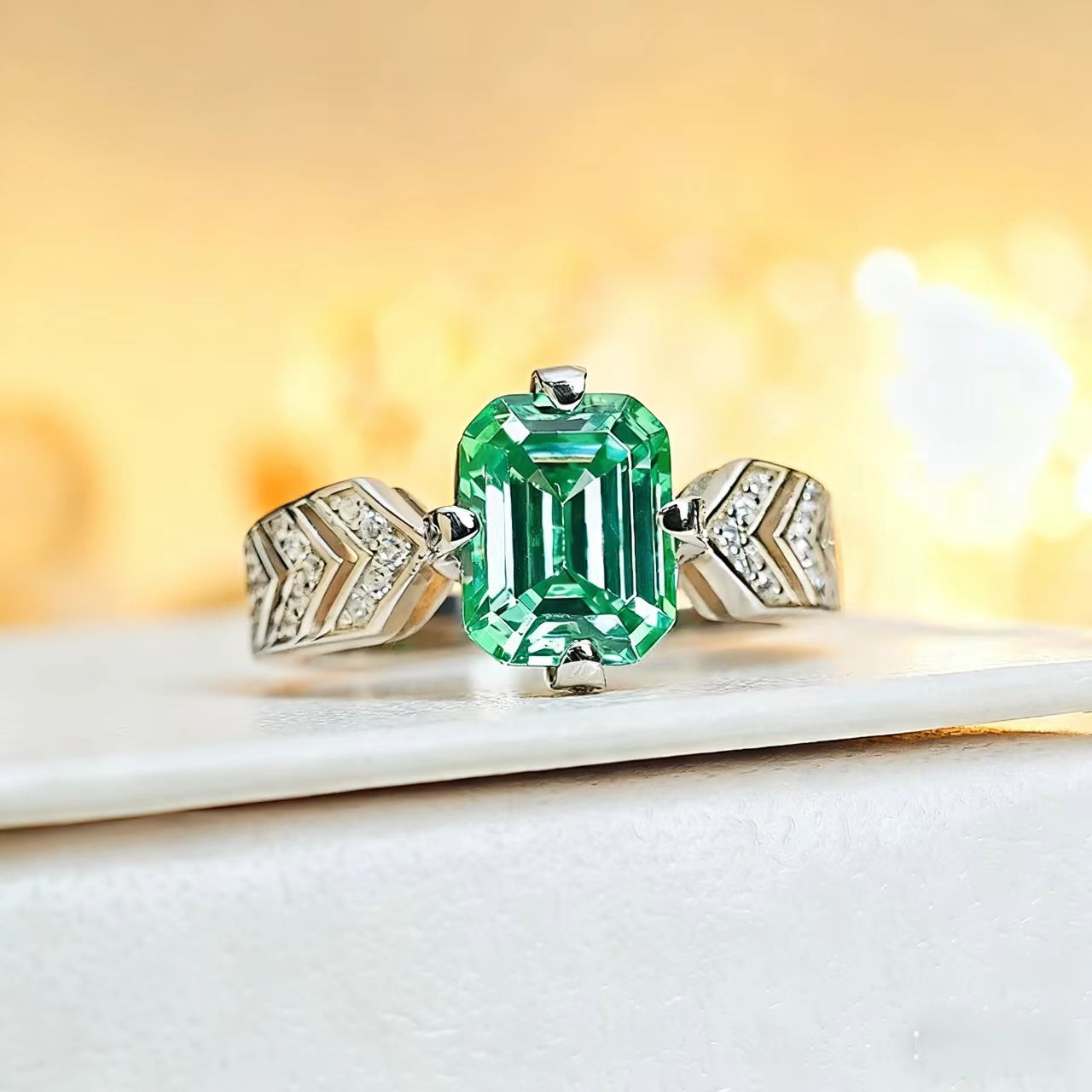 2ct Asscher Cut Lab-Grown Emerald Ring | 925 Sterling Silver Platinum Plated Art Deco Ring