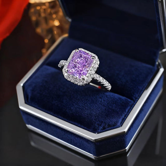 Radiant Cut Lab-Grown Purple Sapphire Ring | Moissanite Halo 925 Sterling Silver Platinum Plated Ring for Women - BOCOS Jewelry