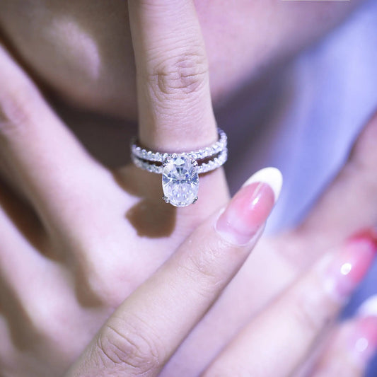 4ct Oval Cut Moissanite Bridal Set – 925 Sterling Silver Engagement Ring with Eternity Band for Women