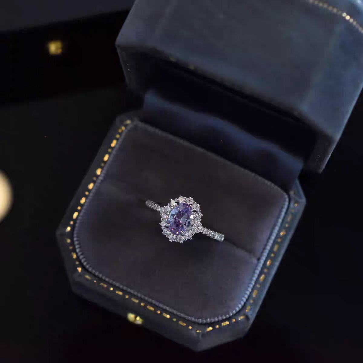 Oval Cut Purple Moissanite Halo Ring | 925 Sterling Silver Platinum Plated | BOCOS JEWELRY