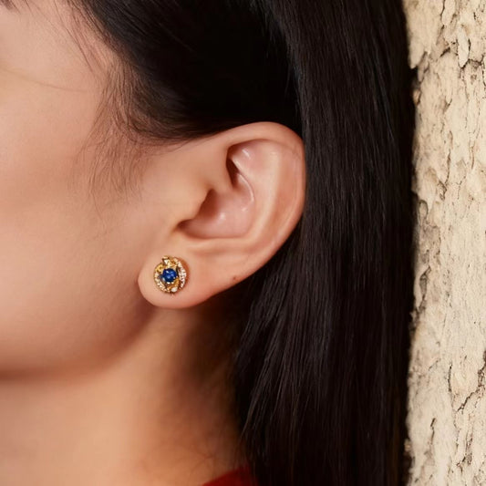 Vintage Star-Set Lab-Grown Sapphire Stud Earrings with Moissanite | 18K Gold Custom | BOCOS JEWELRY