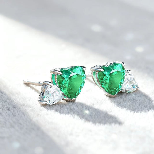 Heart-Cut Lab-Grown Green Gemstone Stud Earrings with Pear Moissanite | 925 Sterling Silver / 18K Gold Custom | BOCOS JEWELRY
