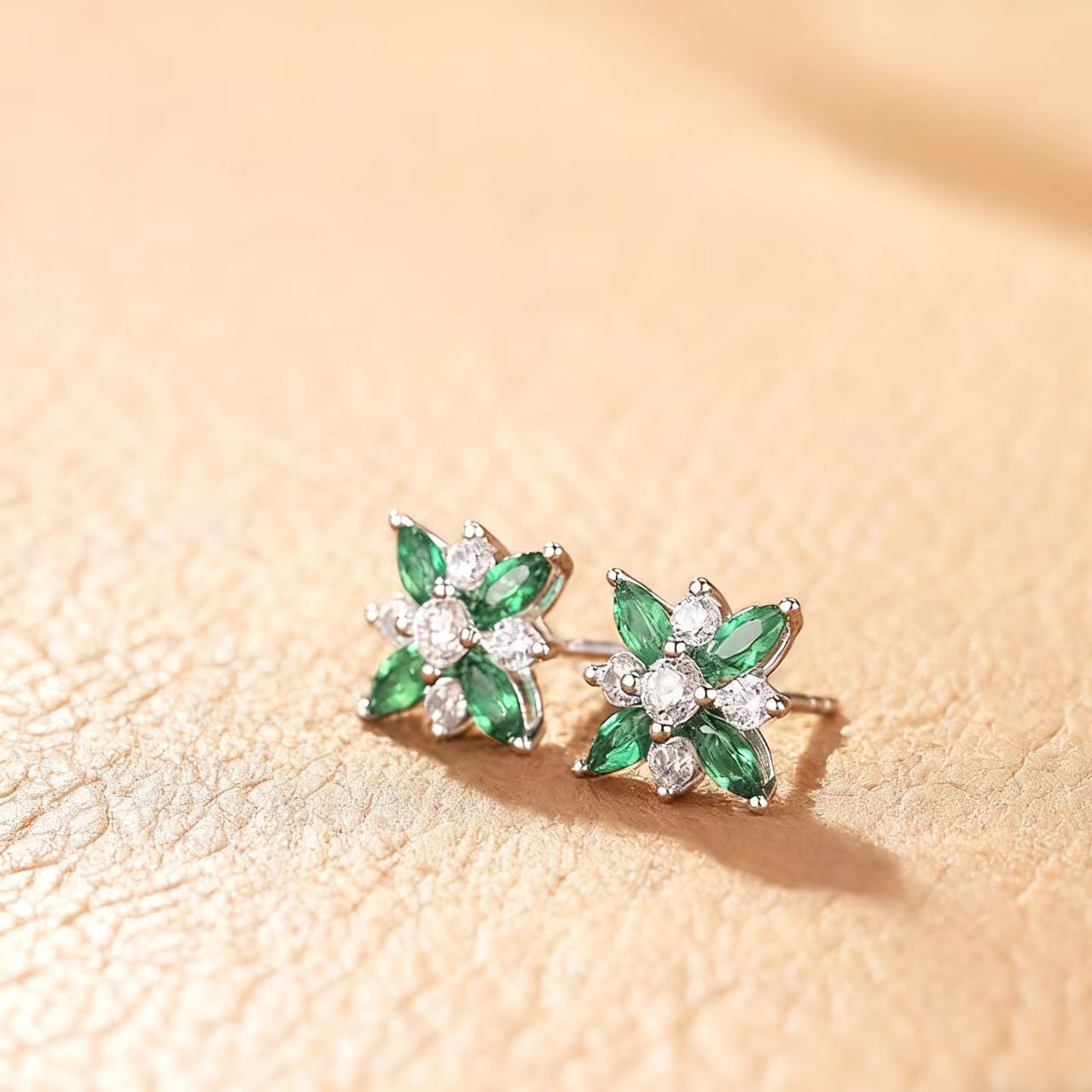 Marquise-Cut Lab-Grown Emerald Floral Stud Earrings with Round Moissanite | 925 Sterling Silver / 18K Gold Custom | BOCOS JEWELRY