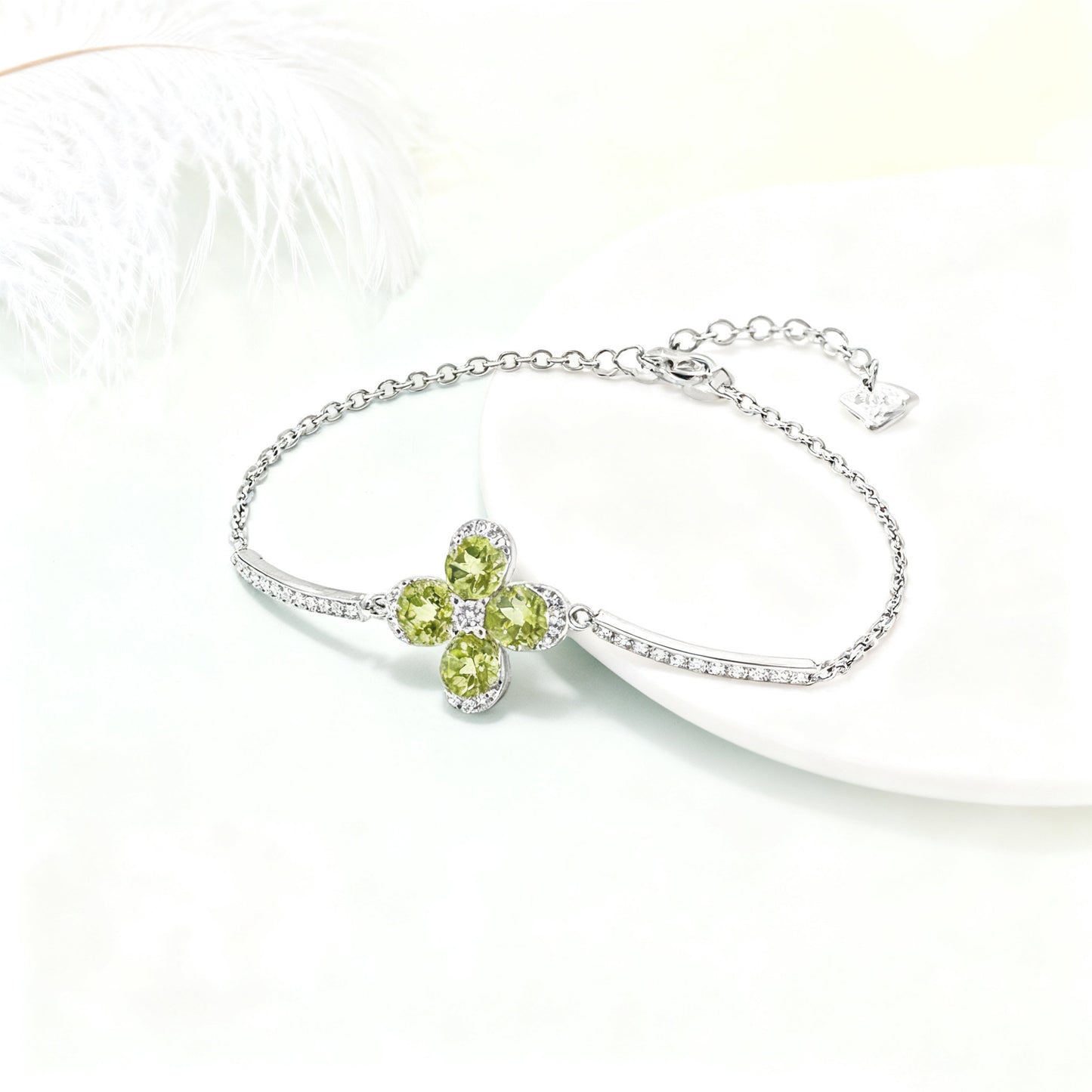 Round-Cut Peridot Four-Leaf Clover Bracelet | 925 Sterling Silver with Moissanite | BOCOS JEWELRY