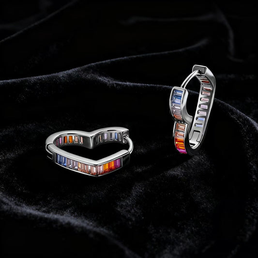 Heart-Shaped Emerald-Cut Lab-Grown Colored Gemstone Gradient Hoop Earrings | Vibrant Style | BOCOS JEWELRY