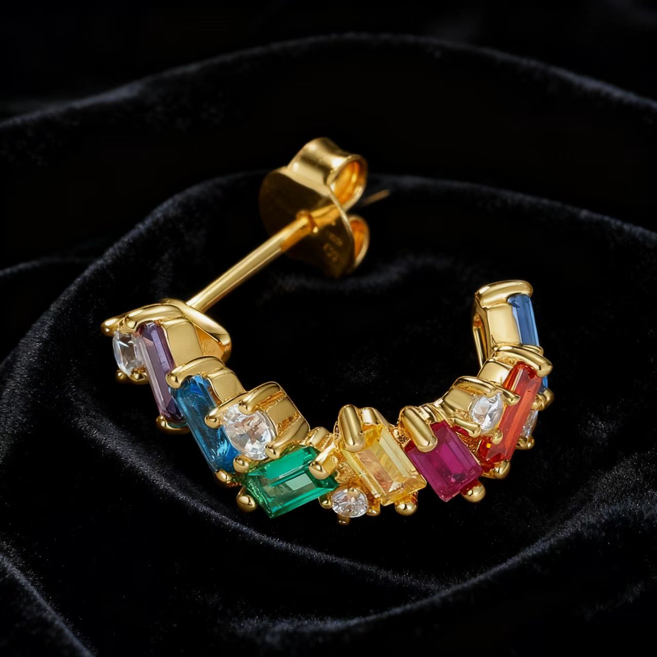 Curved Hook-Shaped Emerald-Cut Lab-Grown Colored Gemstone Hoop Earrings with Moissanite | Rainbow Vibrant Style | BOCOS JEWELRY