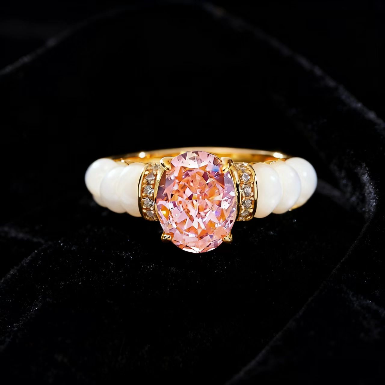 Oval-Cut Lab-Grown Pink Sapphire Ring | 1.5ct Center Stone with Pearl & Moissanite Accents | BOCOS JEWELRY