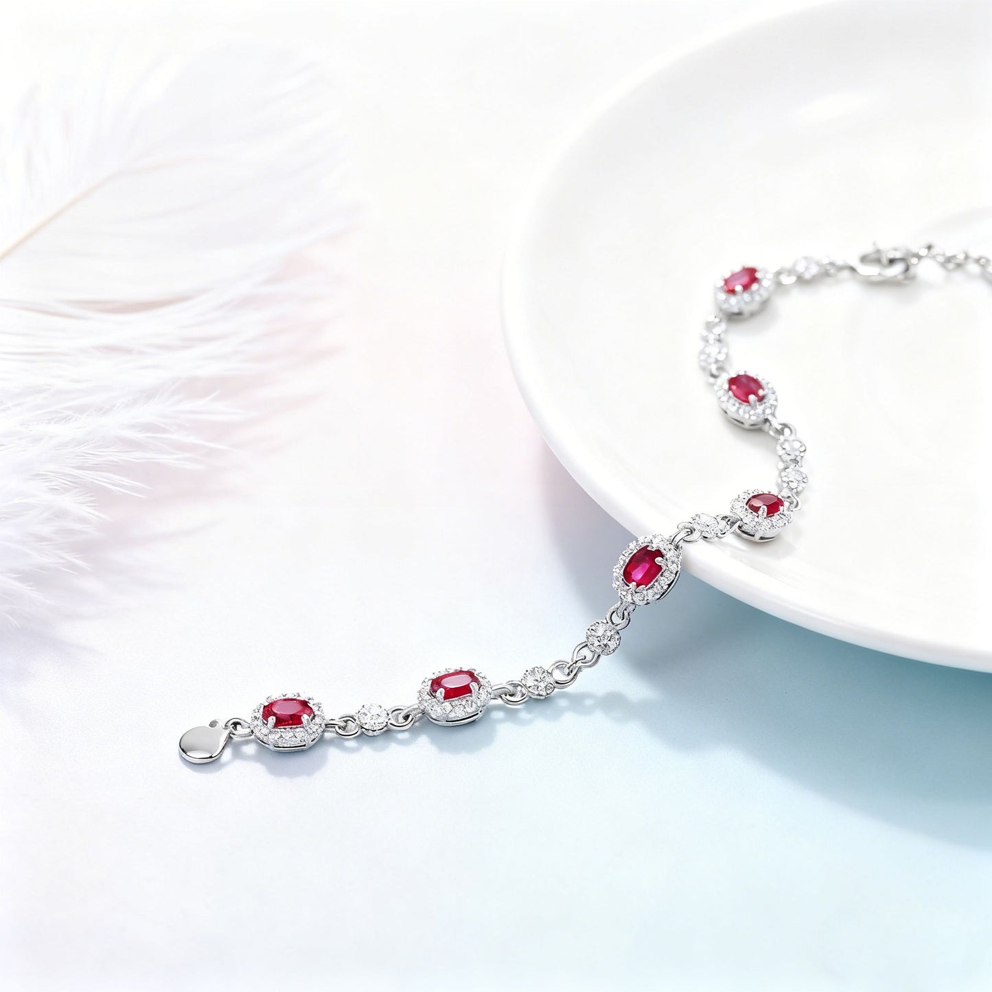 Oval-Cut Lab-Grown Ruby Tennis Bracelet with Moissanite Halo | Elegant Red Style | BOCOS JEWELRY