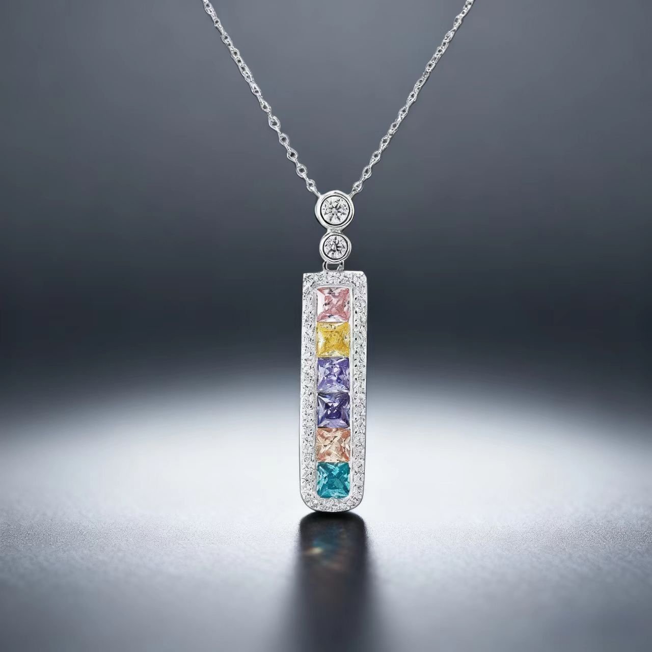 Multicolor Gemstone Necklace - Princess Cut Rainbow Bar Pendant