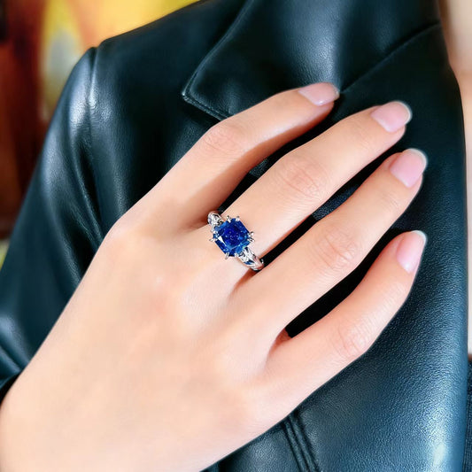 2.0ct Cushion-Cut Lab-Grown Sapphire Ring | Accented with Sapphire & Moissanite | BOCOS JEWELRY