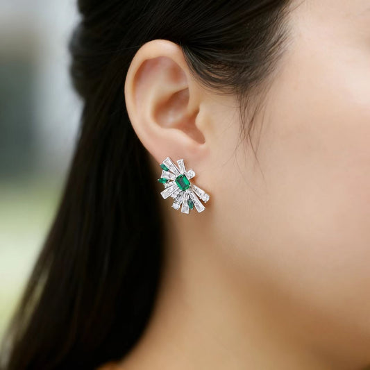 Emerald-Cut Lab-Grown Emerald Stud Earrings | Accented with Marquise/Tapered Lab-Grown Emerald & Moissanite | BOCOS JEWELRY