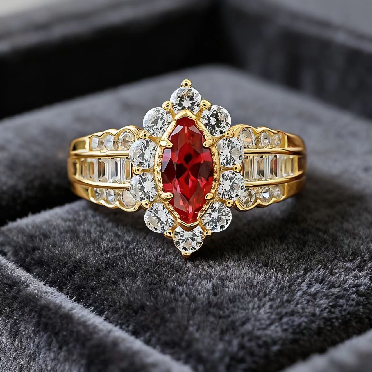Marquise-Cut Lab-Grown Ruby Ring | Moissanite Accent Design | BOCOS JEWELRY