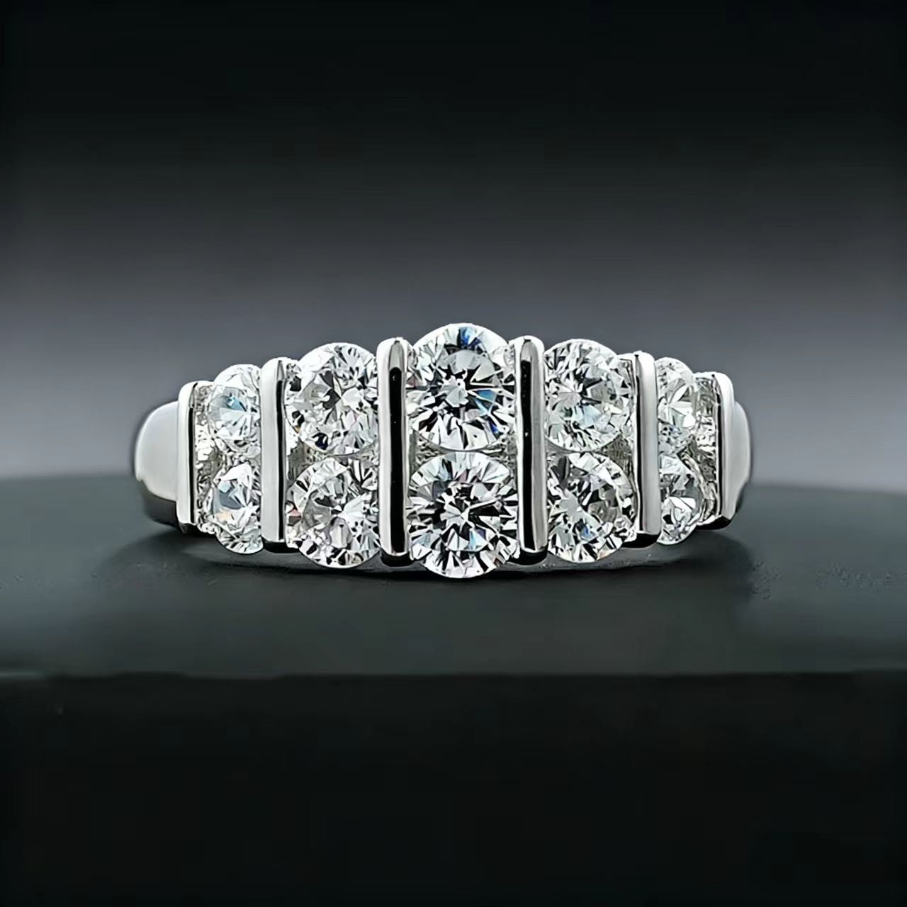 White Gold Moissanite Wedding Band - Double-Row Bar Set Anniversary Ring