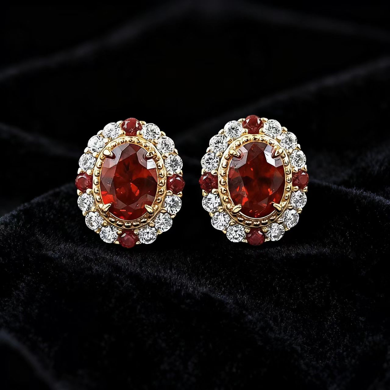Oval-Cut Lab-Grown Ruby Stud Earrings | Halo Design with Moissanite & Mini Ruby Accents | BOCOS JEWELRY