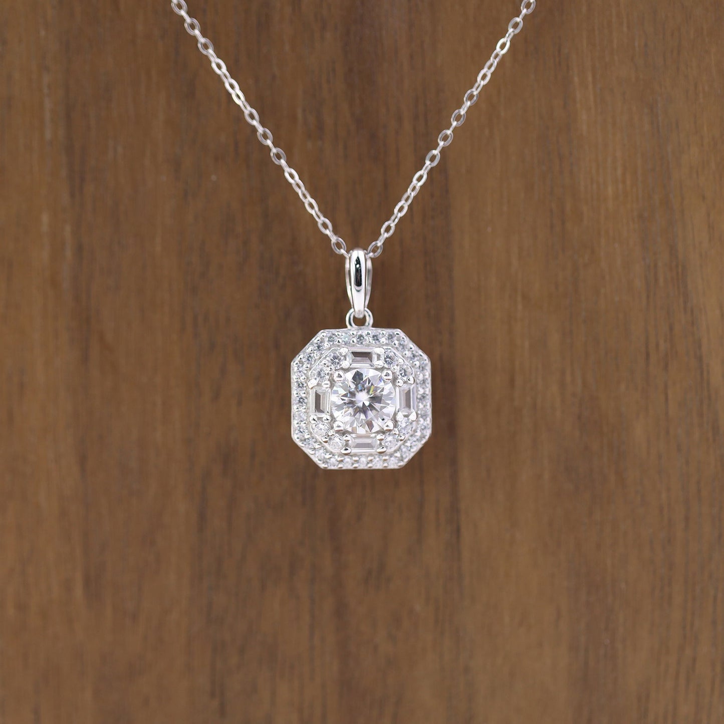 1ct Round Cut Moissanite Halo Necklace – 925 Sterling Silver for Women