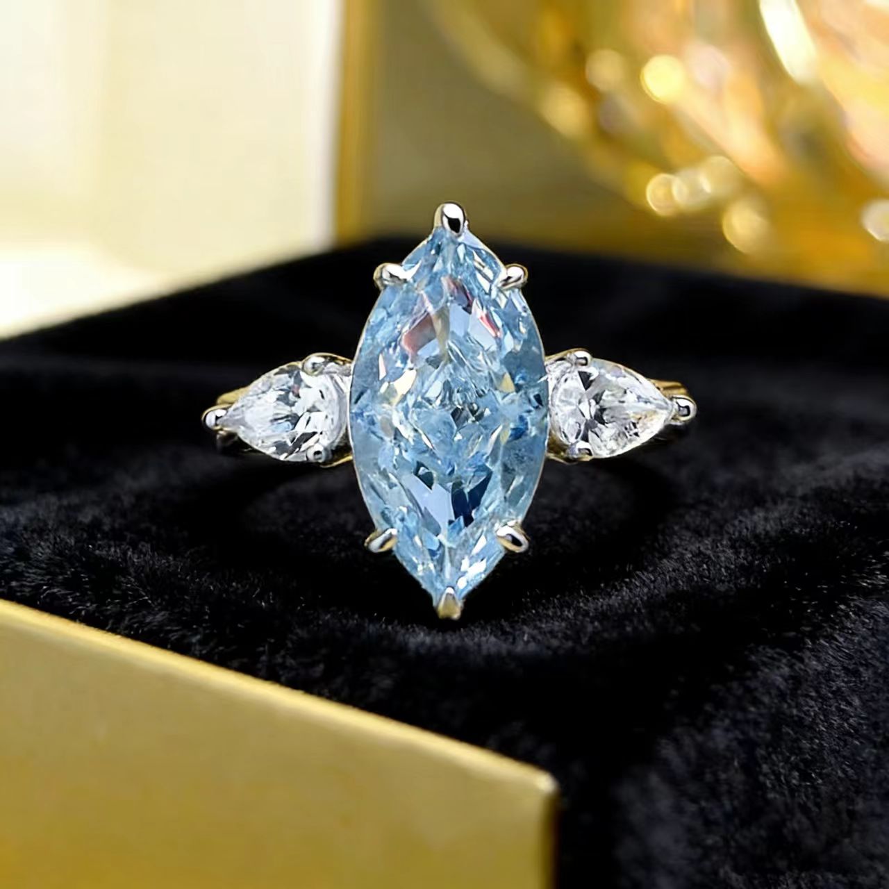 3ct Marquise-Cut Blue Moissanite Bypass Ring - 18k White Gold - BOCOS JEWELRY