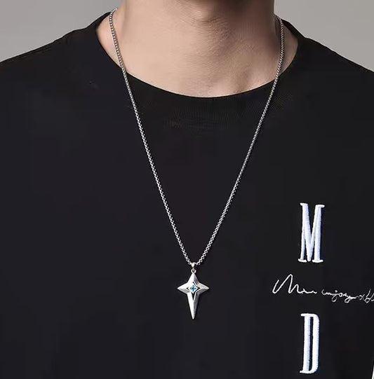 0.8ct Princess-Cut Lab-Grown Blue Sapphire Star Pendant Necklace - 925 Sterling Silver - BOCOS JEWELRY