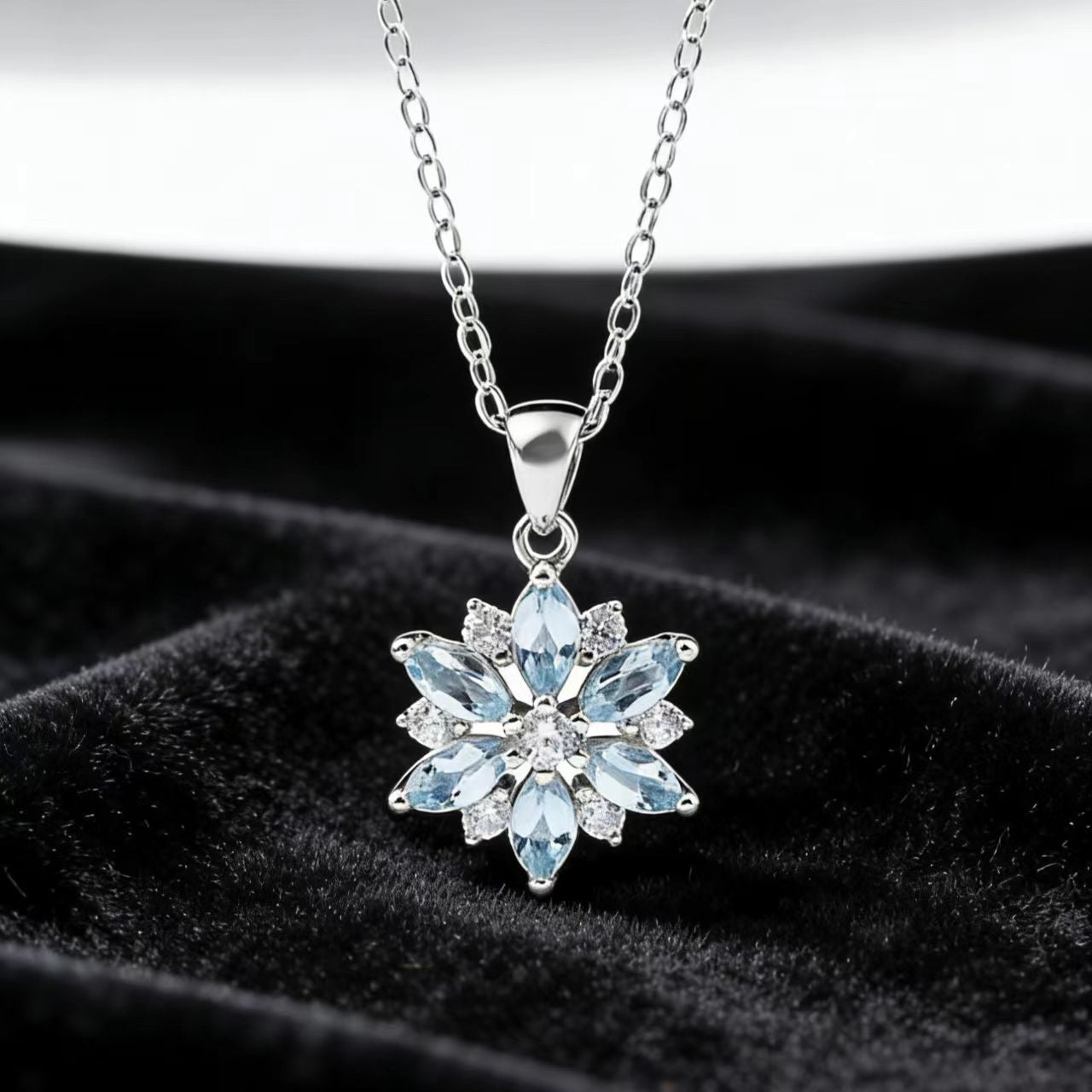 Snowflake Pendant Necklace - 925 Sterling Silver (Marquise-Cut Lab-Grown Blue Sapphire & Round-Cut Moissanite) - BOCOS JEWELRY