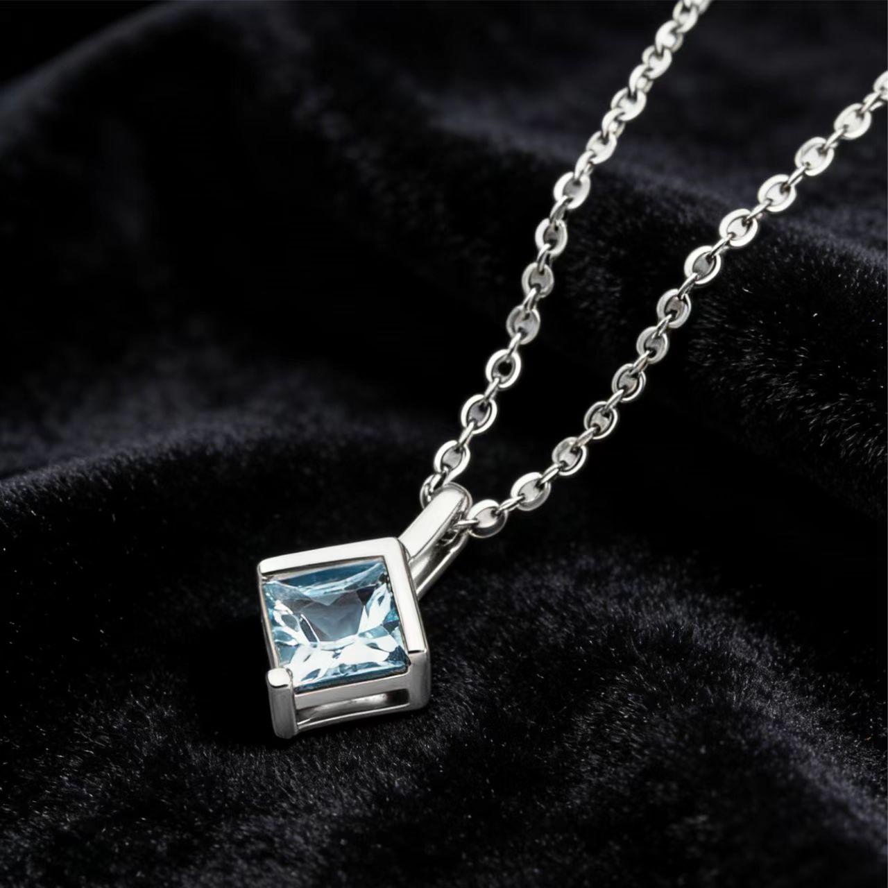 Princess-Cut Lab-Grown Blue Sapphire Pendant Necklace - 925 Sterling Silver - BOCOS JEWELRY