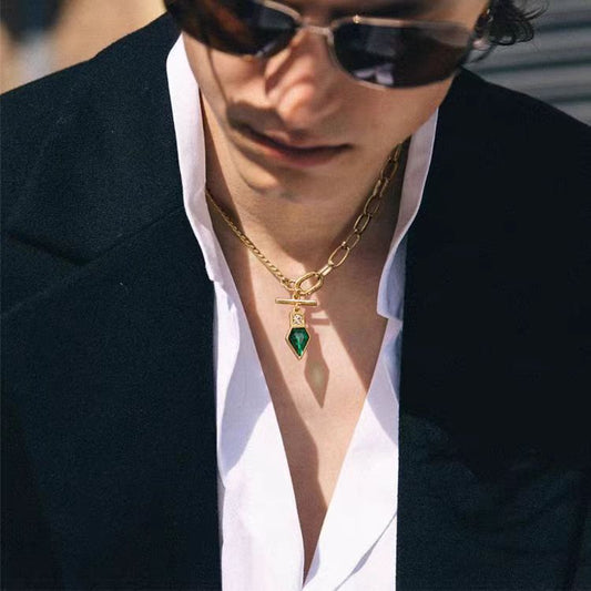 Kite-Cut 1ct Lab-Grown Emerald Pendant - 18k/14k/10k Yellow Gold (Mixed Chain Design) - BOCOS JEWELRY