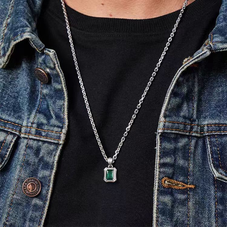 Radiant-Cut Lab-Grown Emerald Men's Pendant Necklace - 925 Sterling Silver - BOCOS JEWELRY
