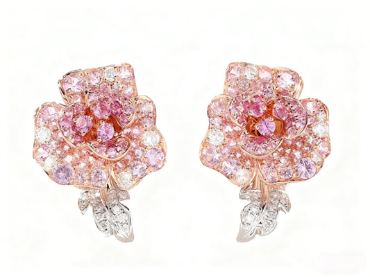 Lab-Grown Pink Sapphire Rose Flower Earrings | 18K Rose Gold Plated S925 Sterling Silver Earrings for Women - BOCOS Jewelry