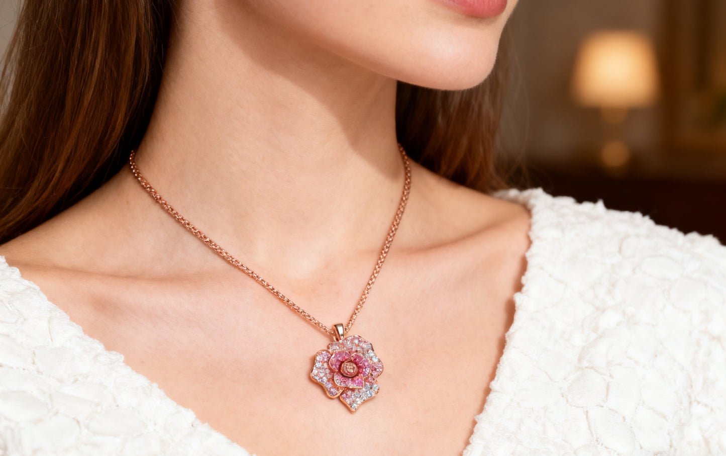 Lab-Grown Pink Sapphire Rose Flower Pendant | 18K Rose Gold Plated S925 Sterling Silver Necklace for Women - BOCOS Jewelry