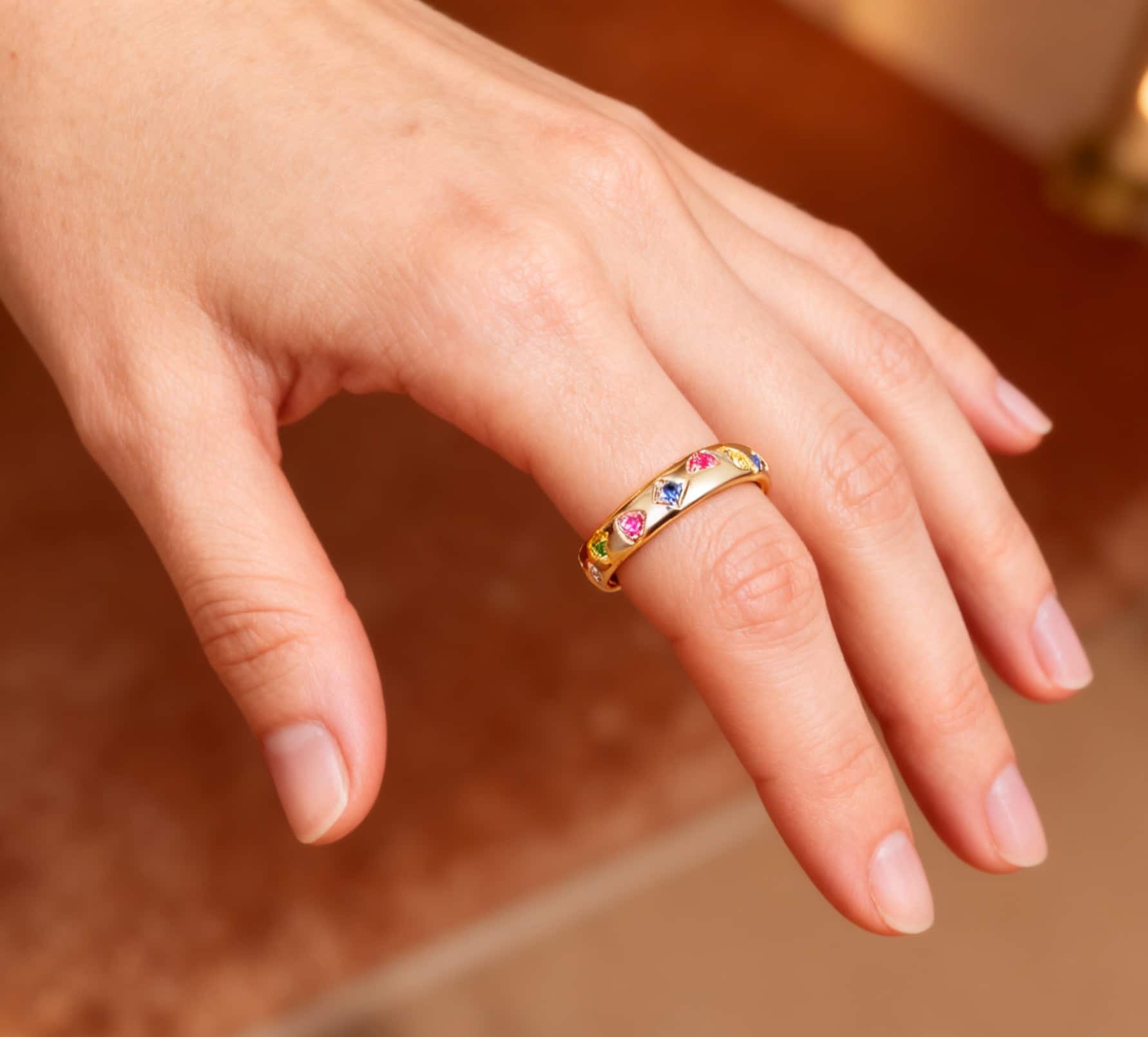 Lab-Grown Multi-Gemstone Flat-Set Band Ring | Rainbow Sapphire Ruby Emerald Moissanite 18K Gold Ring - BOCOS Jewelry