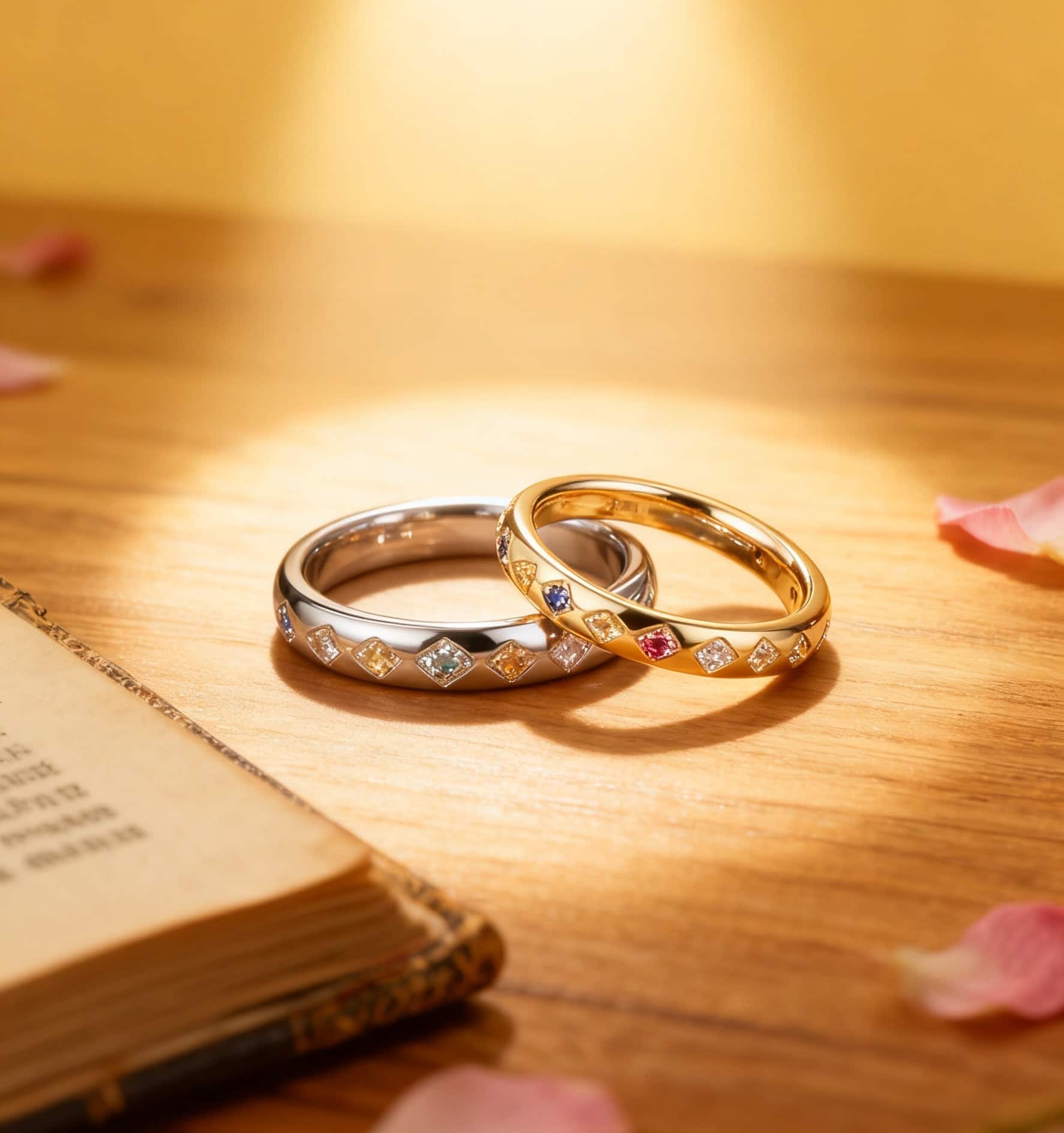 Lab-Grown Multi-Gemstone Flat-Set Band Ring | Rainbow Sapphire Ruby Emerald Moissanite 18K Gold Ring - BOCOS Jewelry