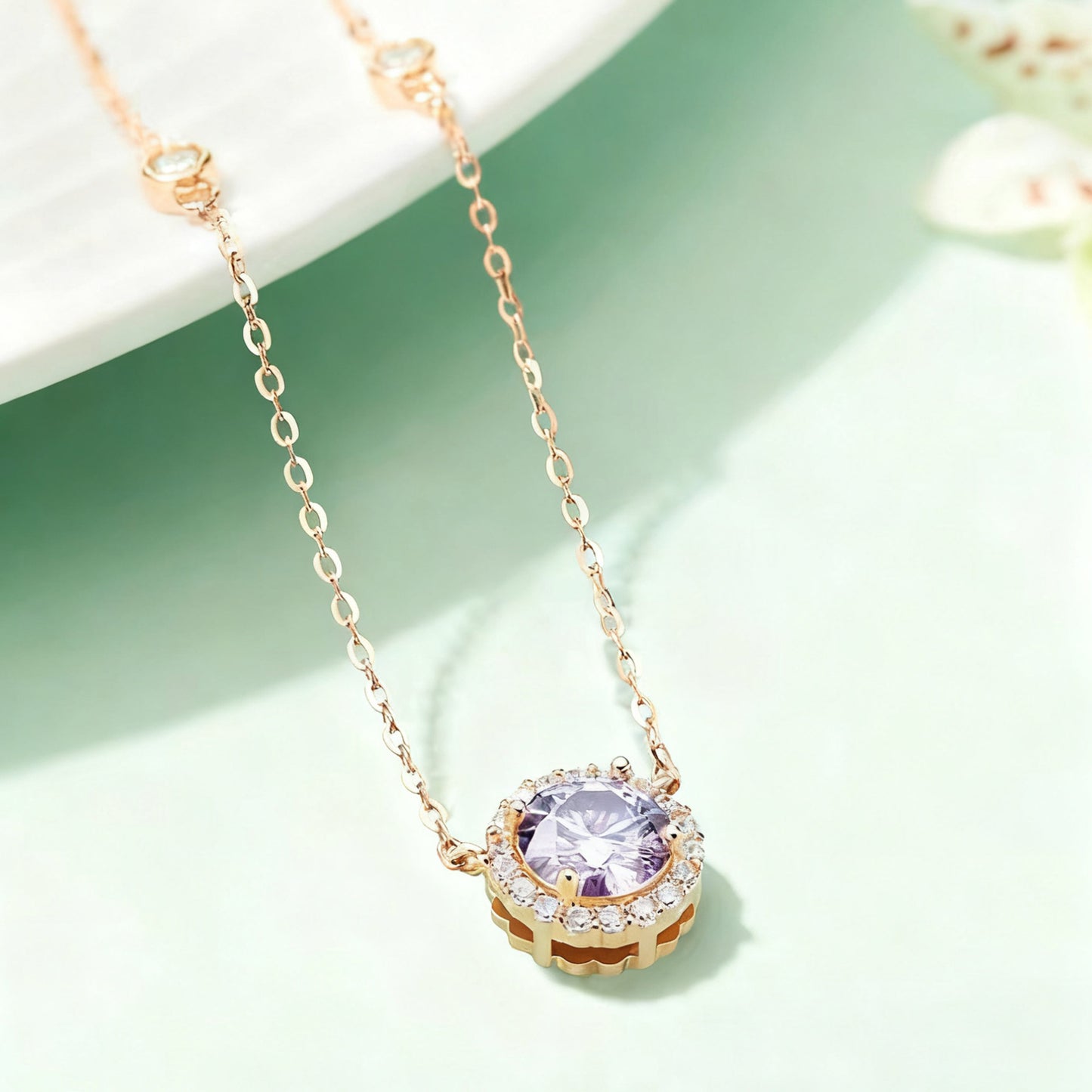 Lab-Grown Purple Sapphire Halo Necklace | 18K Rose Gold Plated S925 Sterling Silver Necklace for Women - BOCOS Jewelry