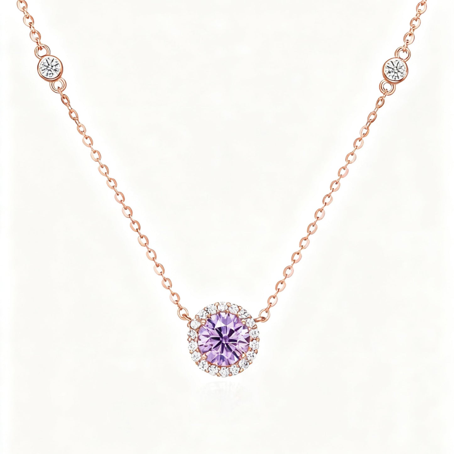 Lab-Grown Purple Sapphire Halo Necklace | 18K Rose Gold Plated S925 Sterling Silver Necklace for Women - BOCOS Jewelry