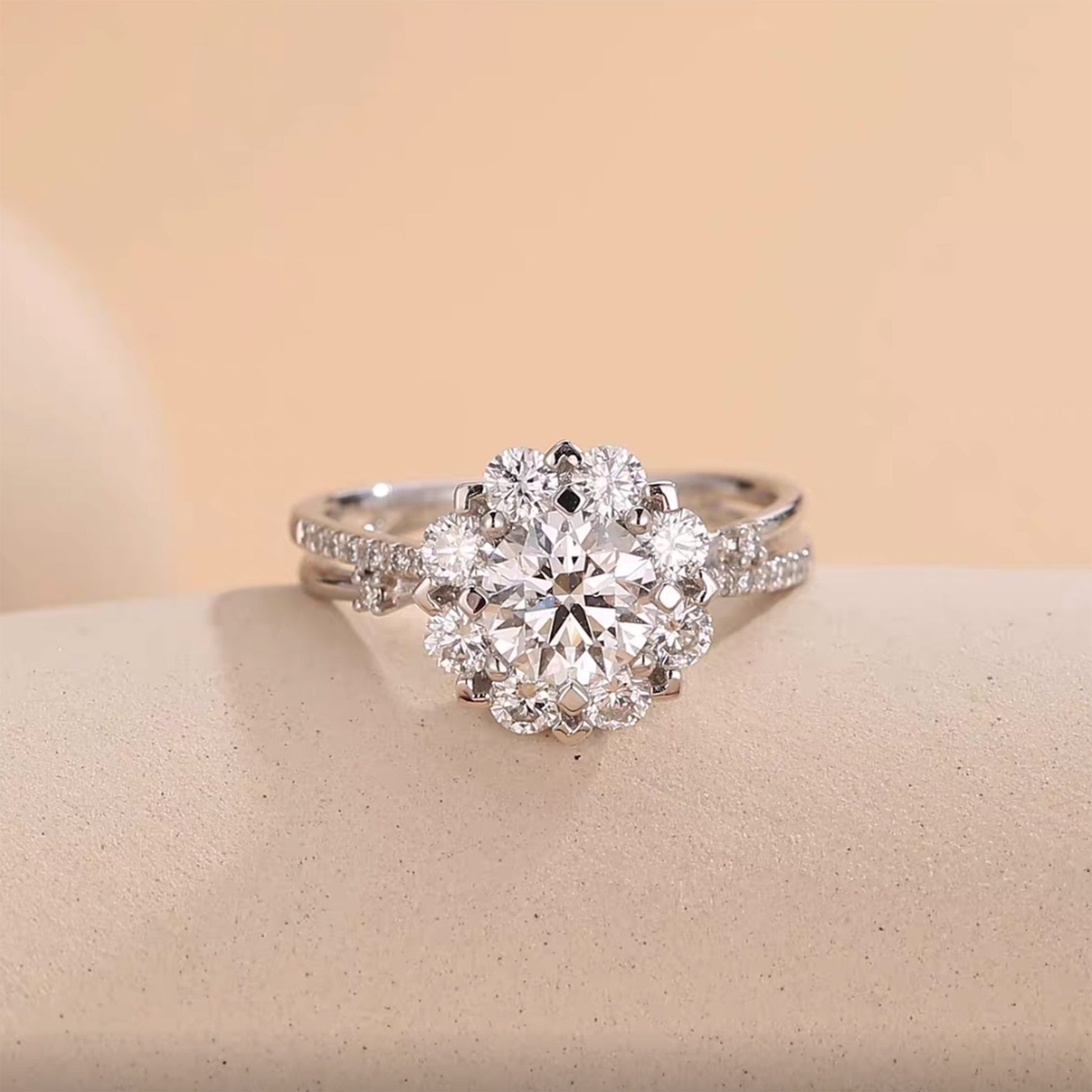 Floral Halo Moissanite Engagement Ring | 925 Silver Platinum Plated Round Cut Ring for Women - BOCOS Jewelry