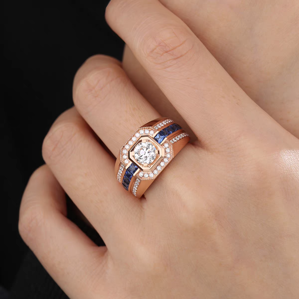 Men's Moissanite & Sapphire Statement Ring | 925 Sterling Silver Rose Gold Plated Ring - BOCOS Jewelry
