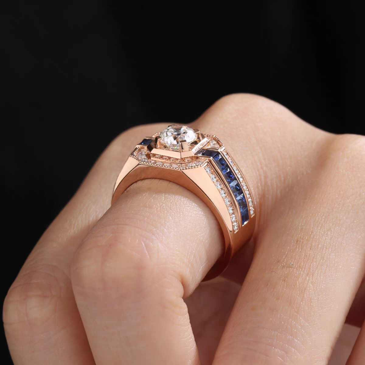 Men's Moissanite & Sapphire Statement Ring | 925 Sterling Silver Rose Gold Plated Ring - BOCOS Jewelry