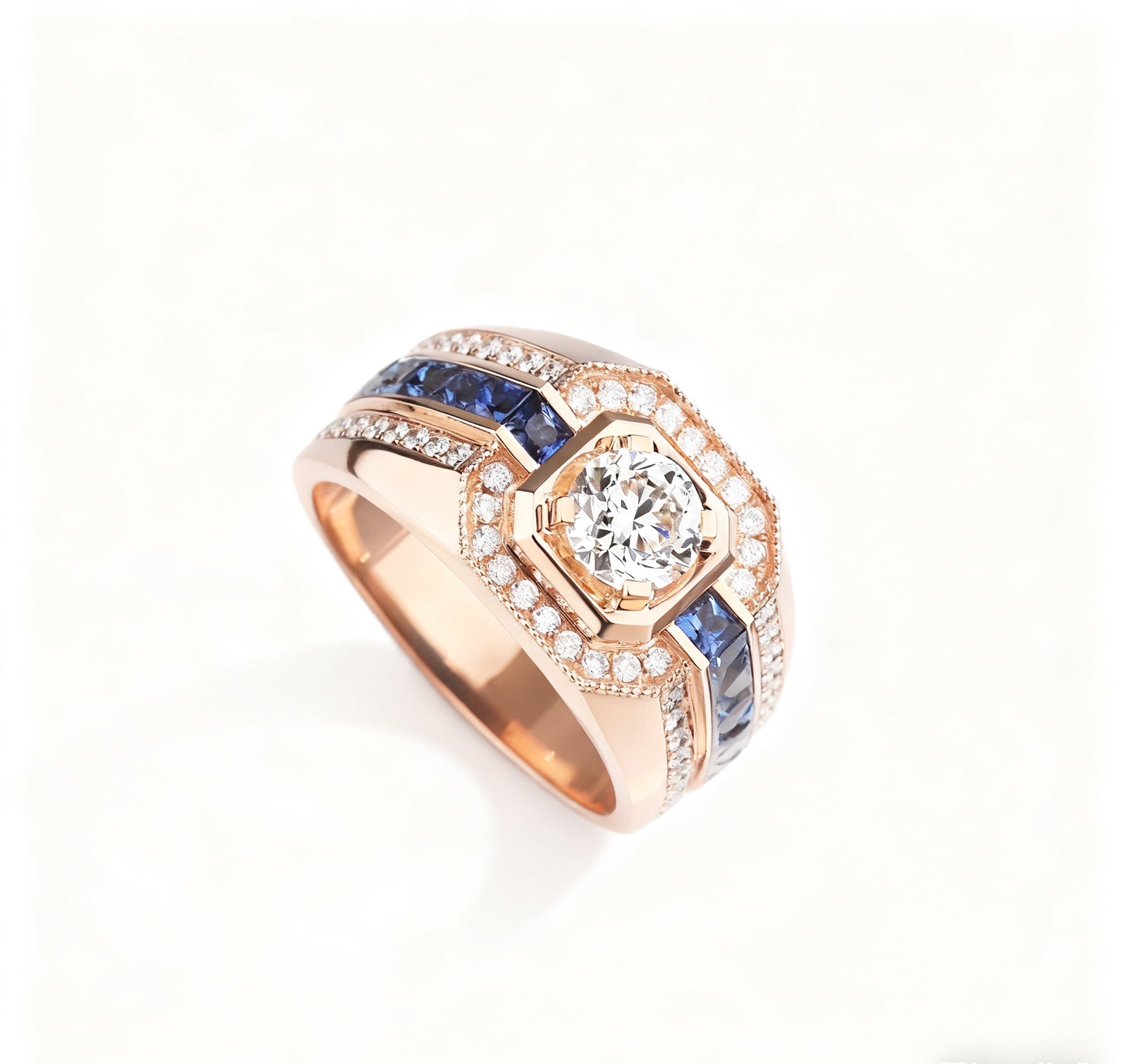 Men's Moissanite & Sapphire Statement Ring | 925 Sterling Silver Rose Gold Plated Ring - BOCOS Jewelry