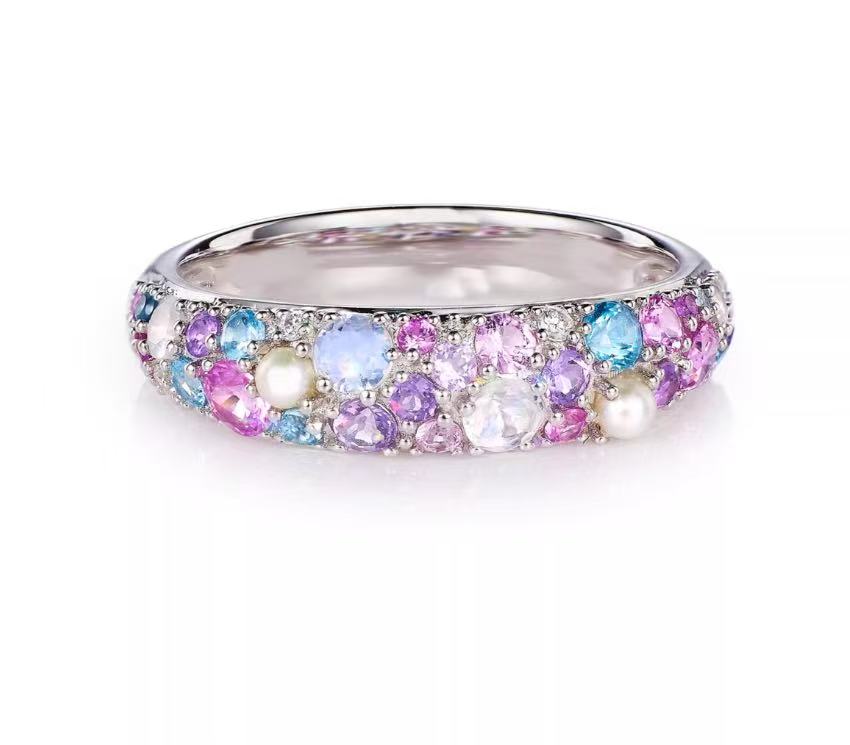 Lab-Grown Multi-Gemstone Moonlit Ring | 0.8ctw Cultured Gems 0.03ctw Moissanite Freshwater Pearl 925 Sterling Silver Ring - BOCOS Jewelry