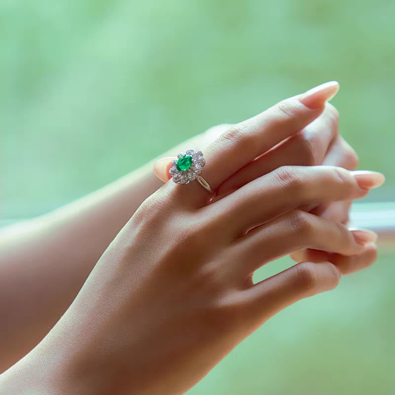 Oval Lab-Grown Emerald Halo Ring | Moissanite 925 Sterling Silver Statement Ring for Women - BOCOS Jewelry