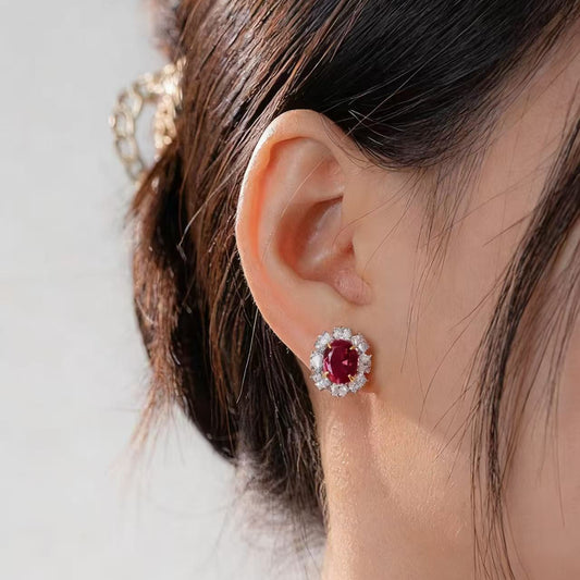 Oval Lab-Grown Ruby Halo Earrings | Moissanite 925 Sterling Silver / 18K Gold Plated Stud Earrings for Women - BOCOS Jewelry