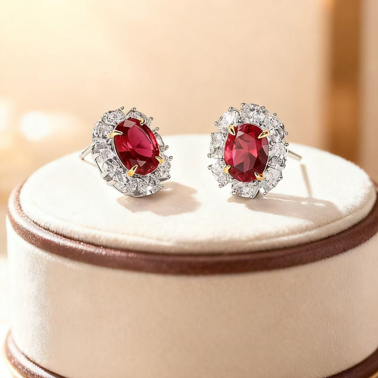 Oval Lab-Grown Ruby Halo Earrings | Moissanite 925 Sterling Silver / 18K Gold Plated Stud Earrings for Women - BOCOS Jewelry