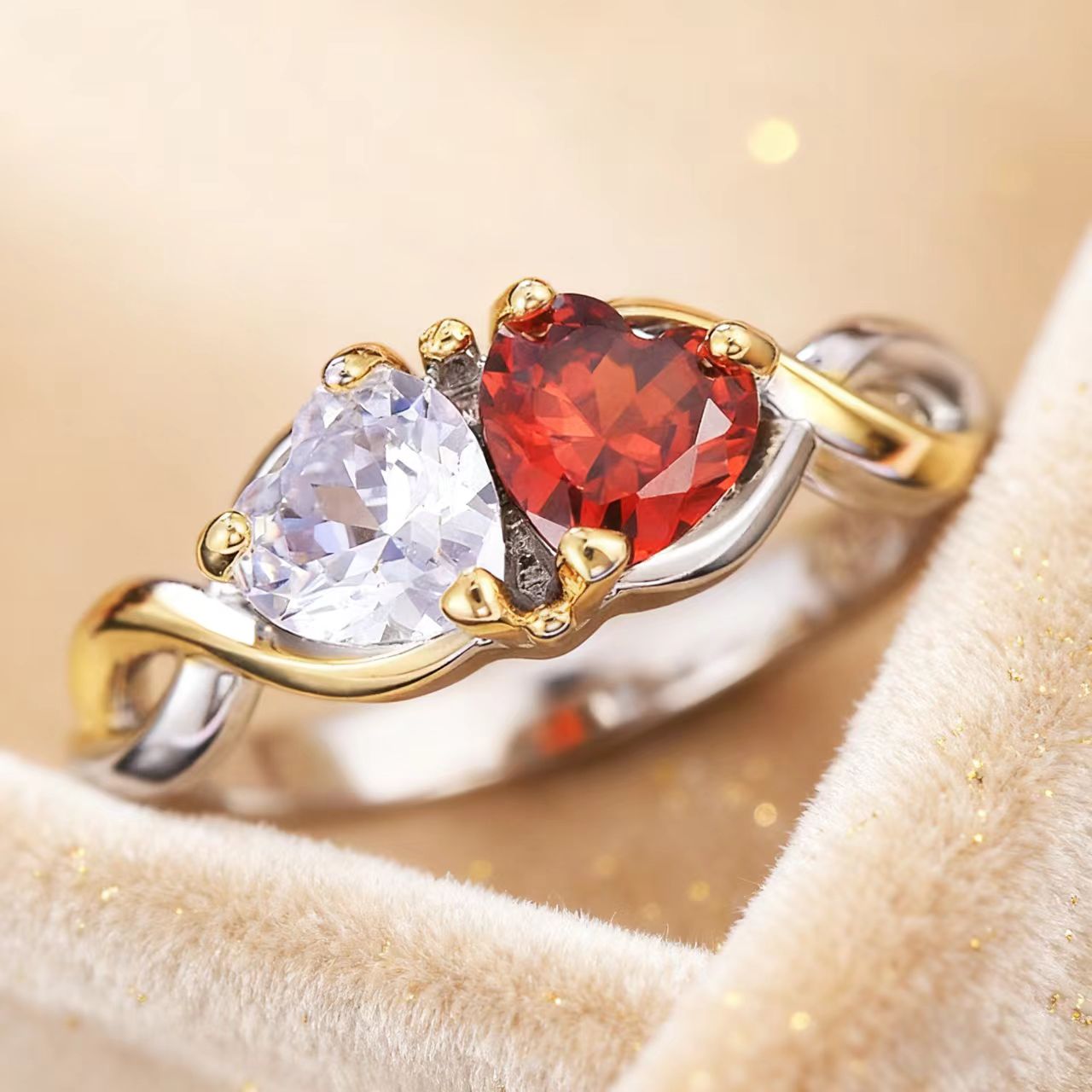 Toi et Moi Lab-Grown Ruby & Moissanite Ring | 925 Sterling Silver Gold Plated Two-Stone Engagement Ring - BOCOS Jewelry